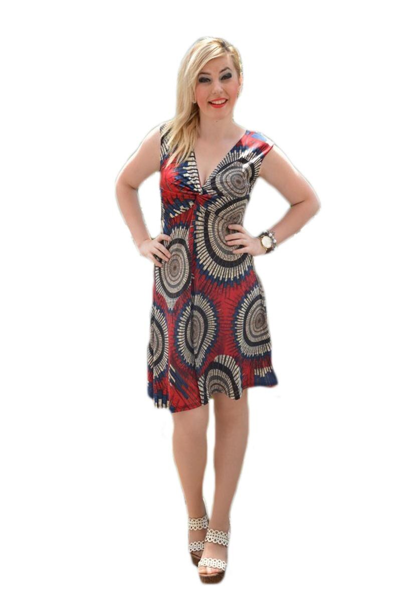 Rochie fronsata la bust, cu imprimeu, D&J Exclusive, Bleumarin/Rosu