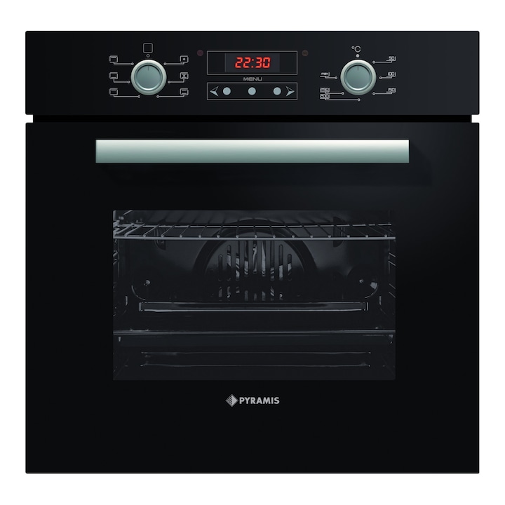 Cuptor electric incorporabil Pyramis 60IN 3020, Clasa A, 6 functii, sticla neagra
