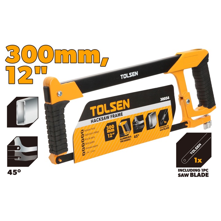 Cadru bomfaier TOLSEN 300 mm (12"), industrial, maner aluminiu cu TPR, cadru otel lacuit tip arc, include panza, pentru taiere lemn, metal si plastic, rezistent si ergonomic, tensionare rapida, rezistenta la uzura si coroziune, durabilitate ridicata