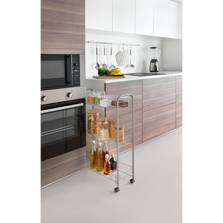 Etajera cu roti Metaltex, 3 rafturi, model Slim de Luxe, 56x23x84 cm