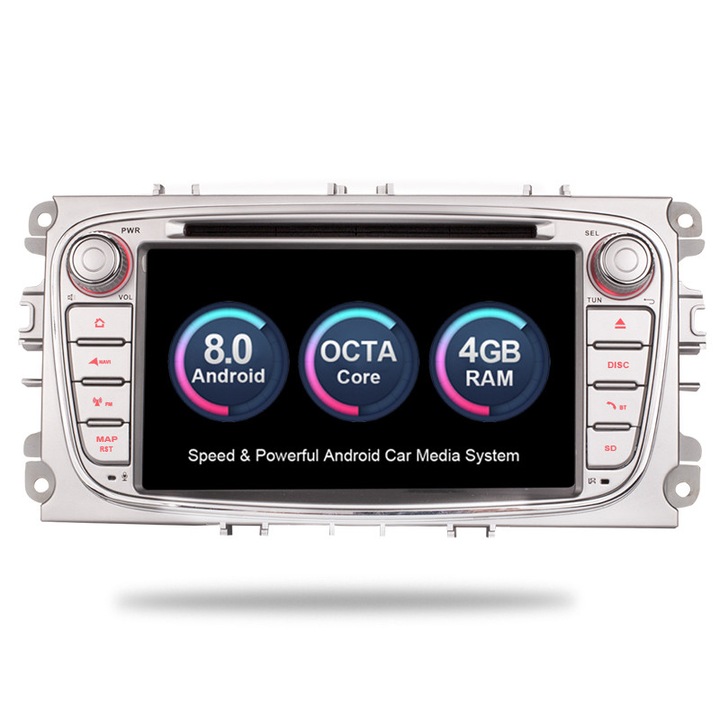 Navigatie DVD Auto 2DIN Ford Focus, Mondeo, S-Max, C-Max, Galaxy, Kuga, Android 8.0, Bluetooth, Wifi, GPS, Touchscreen 7", AUX, USB, 4x45W, Gri