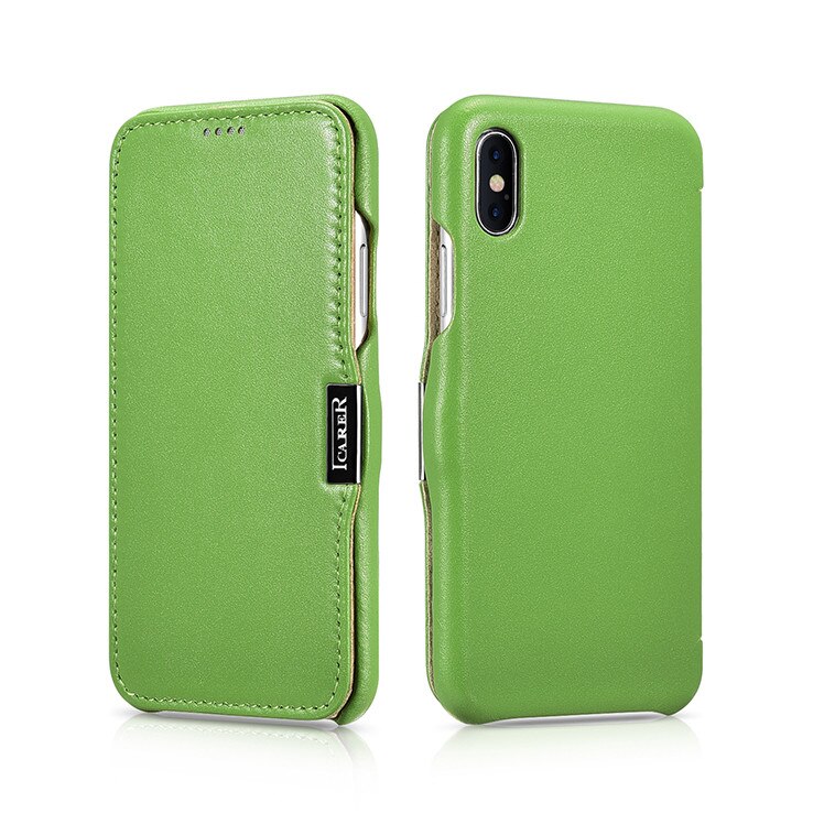 Husa iPhone X / XS, iCARER Luxury Series Side Open, din piele, tip carte, culoare Verde