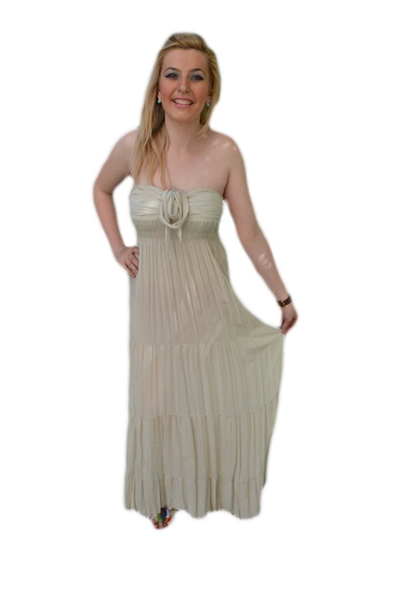 Rochie de vara, model lung cu snur la gat si elastic lejer, D&j Exclusive, Bej