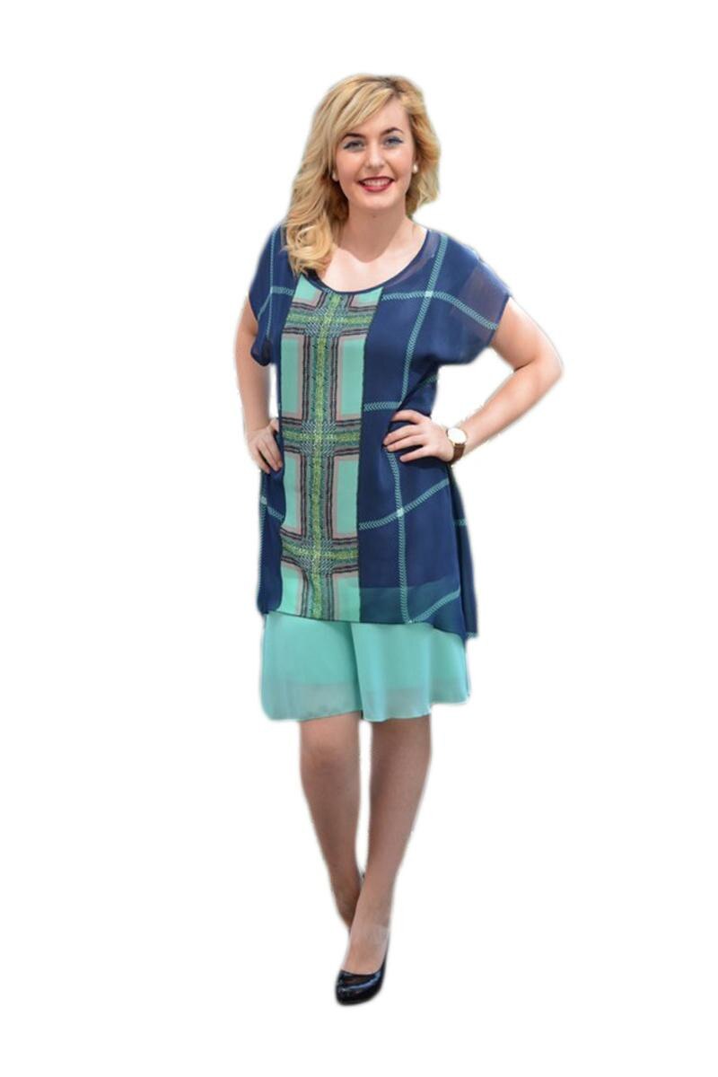 Rochie feminina, compuse din doua parti sarafan si voal asimetric, D&J Exclusive, Bleumarin/Turcoaz