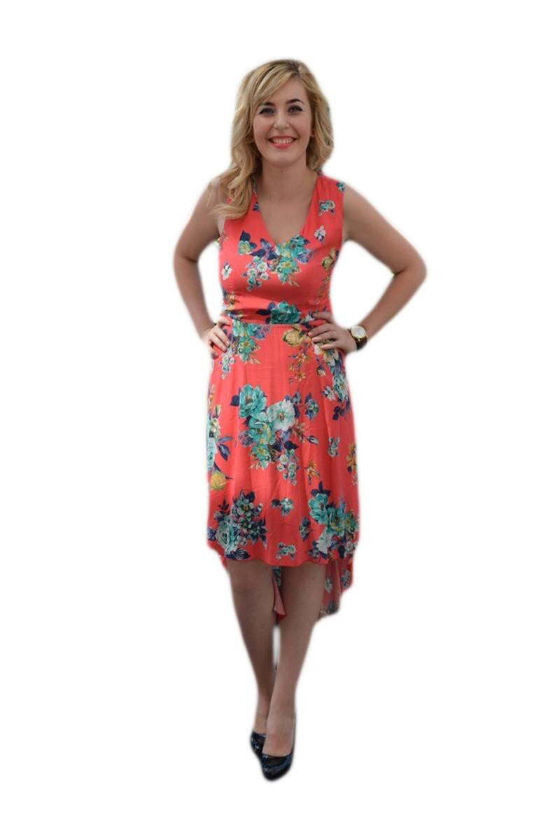 Rochie rafinat, midi, cu un croi asimetric, D&J Exclusive, Corai