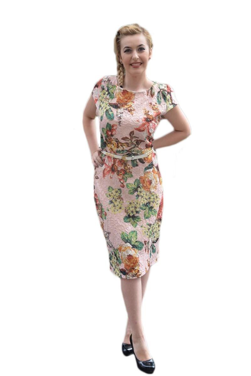 Rochie rafinata cu maneca scurta si imprimeu floral , D&J Exclusive, Roz Pudra