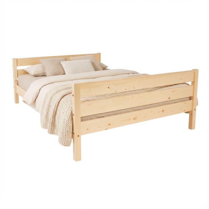 Pat matrimonial Transilvan, Sally, Lemn Masiv, Model 3/3, 140x200 cm, Natur