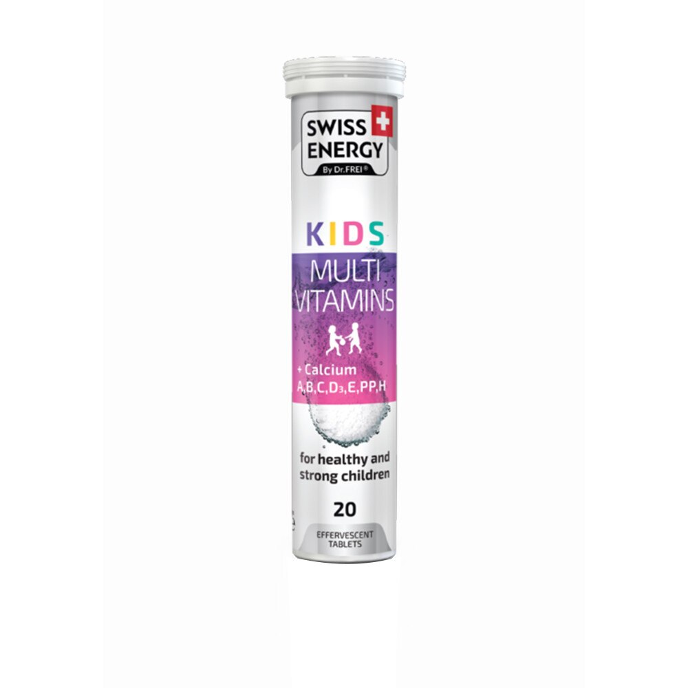 Kids, SWISS ENERGY, 20 Tablete Efervescente Cu Multivitamine + Calciu (Aroma De Capsuni)