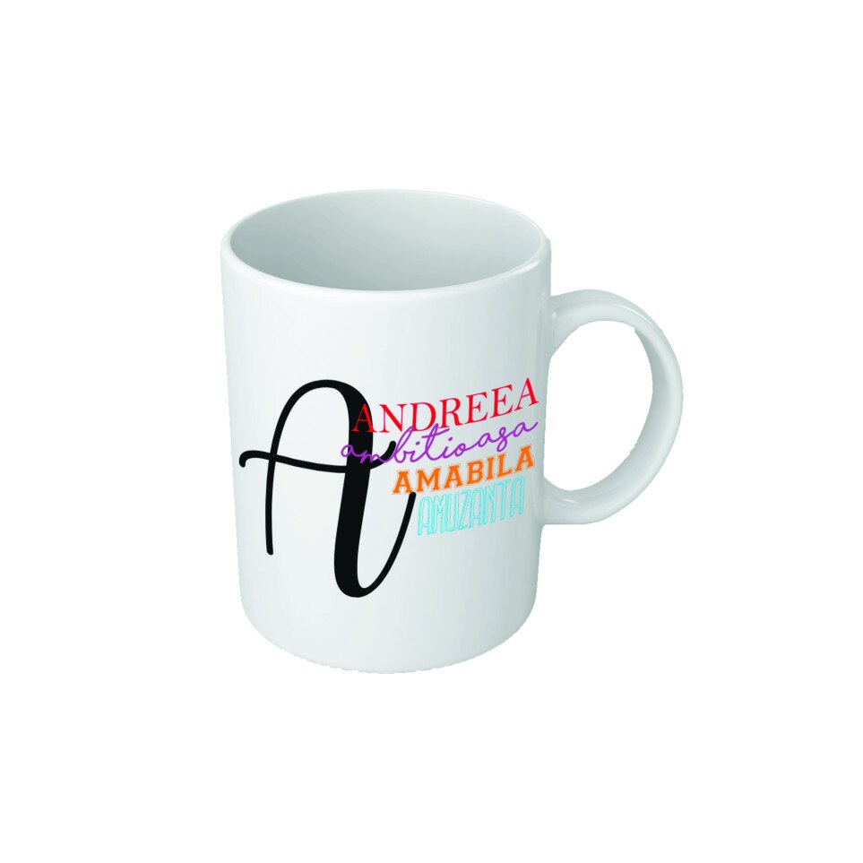 Cana personalizata cu initiala 'A', text colorat