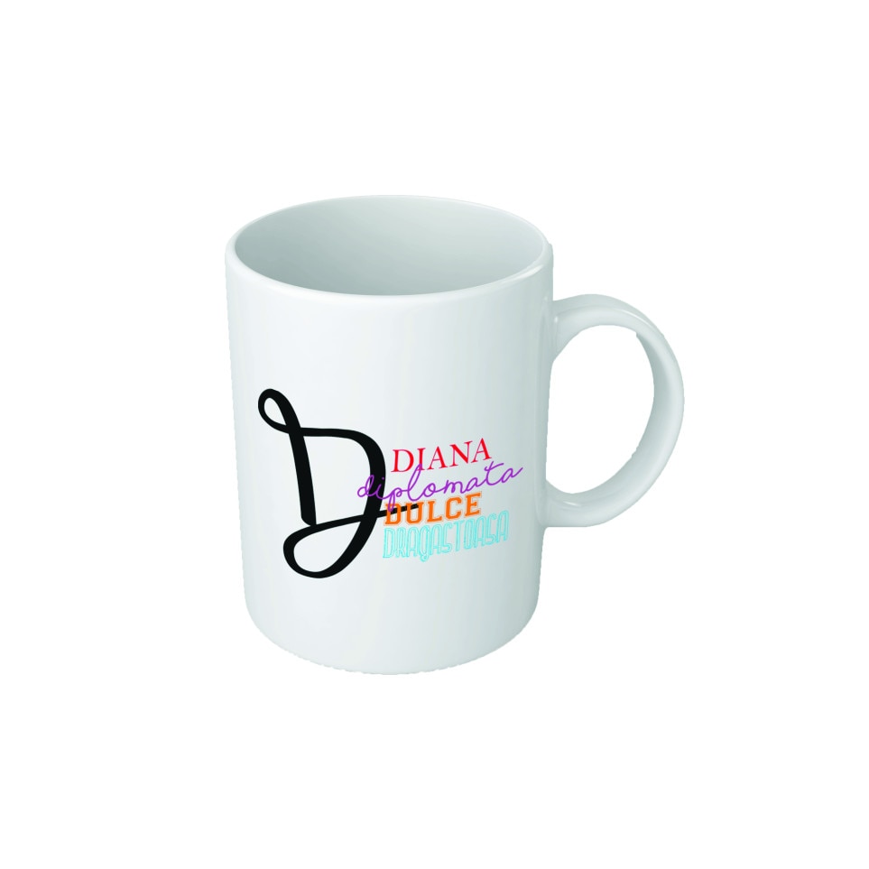 Cana personalizata cu initiala 'D', text colorat