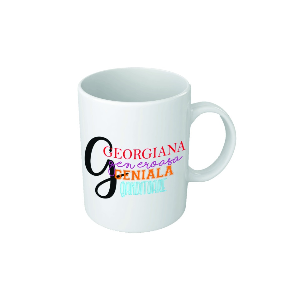 Cana personalizata cu initiala 'G', text colorat