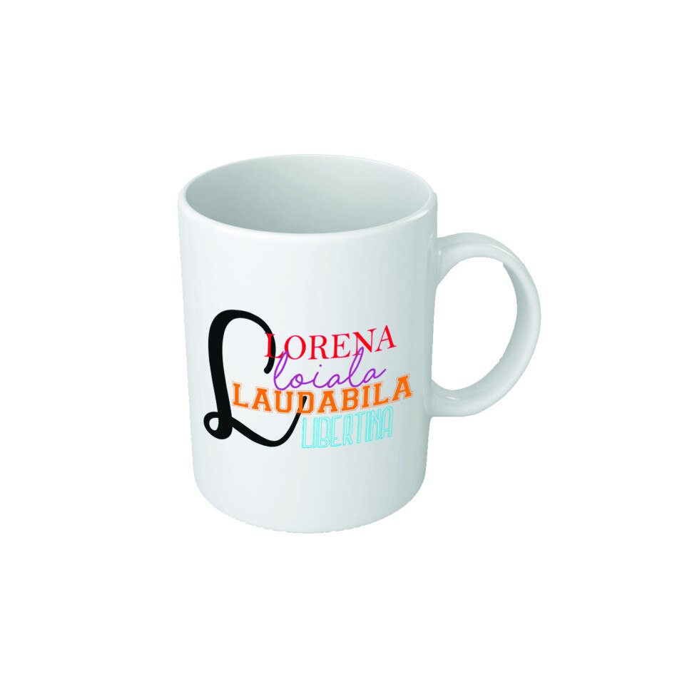 Cana personalizata cu initiala 'L', text colorat