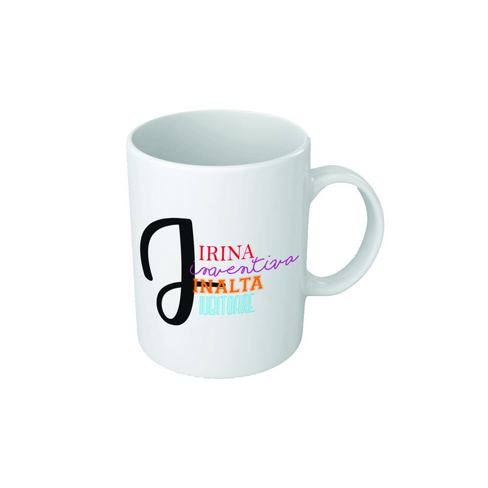 Cana personalizata cu initiala 'I', text colorat