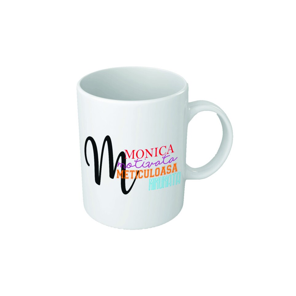Cana personalizata cu initiala 'M', text colorat