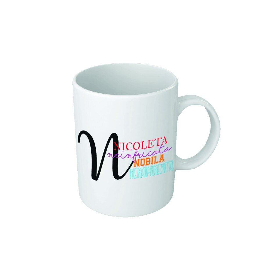 Cana personalizata cu initiala 'N', text colorat