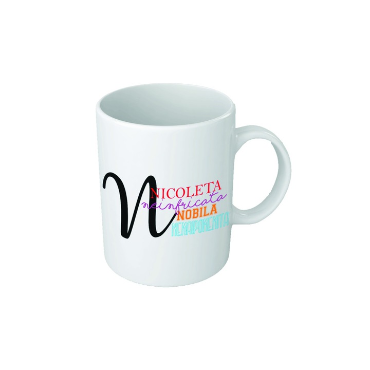 Cana personalizata cu initiala 'N', text colorat