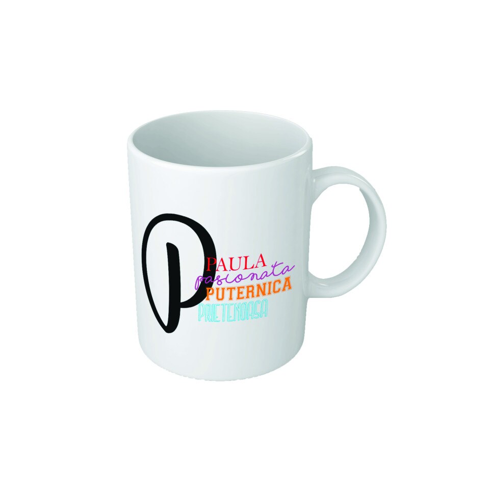 Cana personalizata cu initiala 'P', text colorat