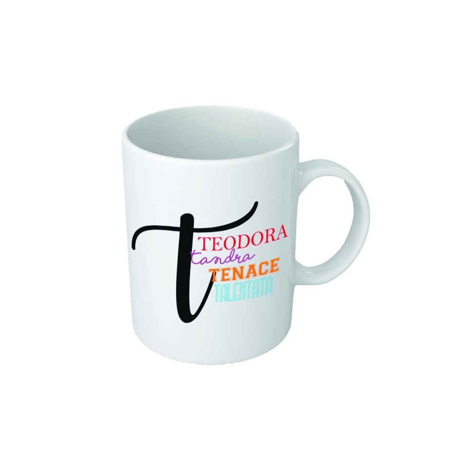 Cana personalizata cu initiala 'T', text colorat