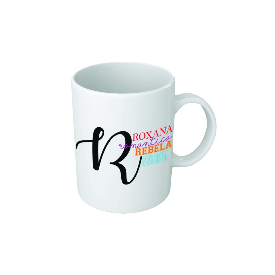 Cana personalizata cu initiala 'R', text colorat