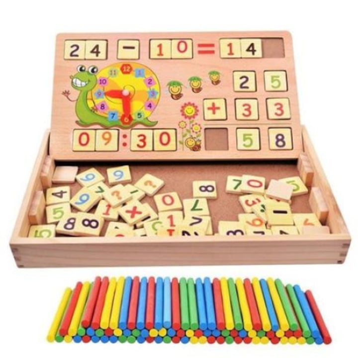 Tablita multifunctionala cu cifre si ceas, Jucarie Montessori