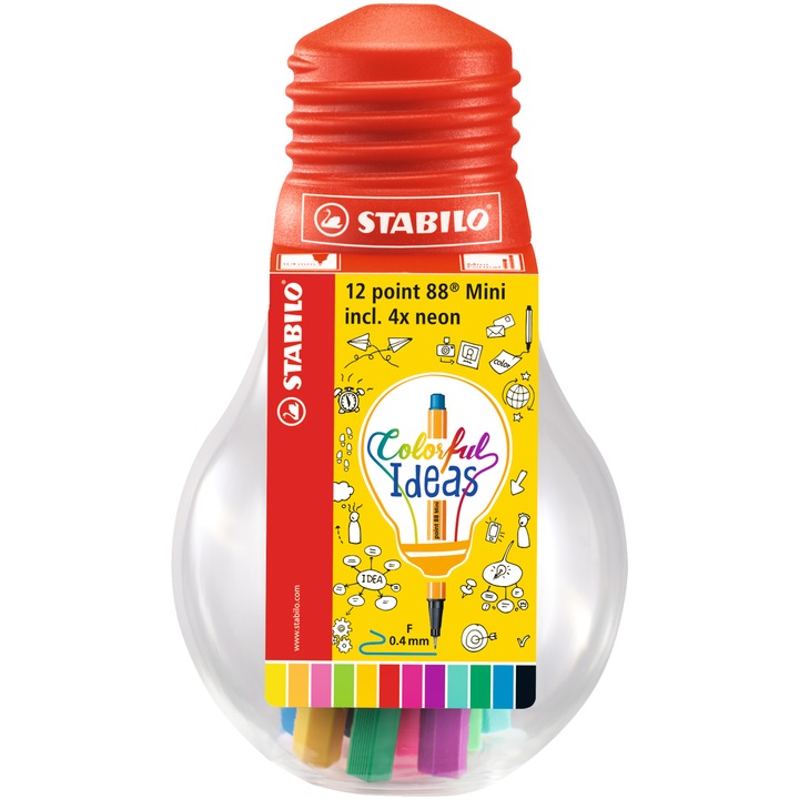 Комплект филцови накрайници STABILO "Point 88 Mini Colorful Ideas", 0,4 mm, 12 различни цвята