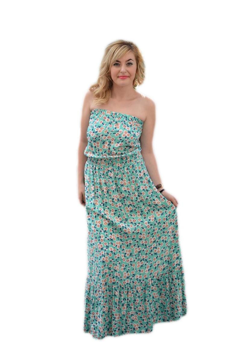 Rochie vaporoasa fara bretele, design de flori mici, D&J Exclusive, Turcoaz