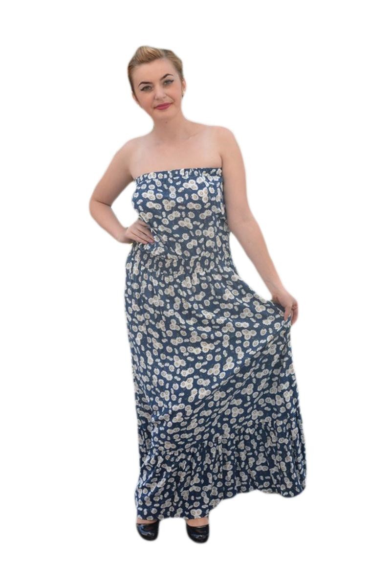 Rochie vaporoasa fara bretele, design de flori mici, D&J Exclusive, Bleumarin/Alb