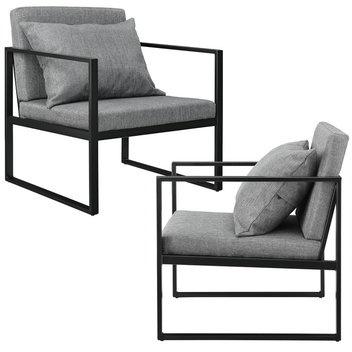 Set 2 scaune tip fotoliu design Lora, en.casa, 70 x 60 cm, metal/poliester, cu perna pentru spate, gri inchis