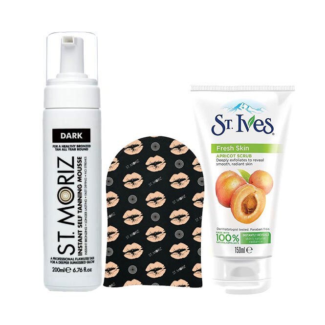 Pachet complet pentru autobronzare profesionala ST MORIZ cu Spuma Dark, Manusa si Exfoliant ST IVES