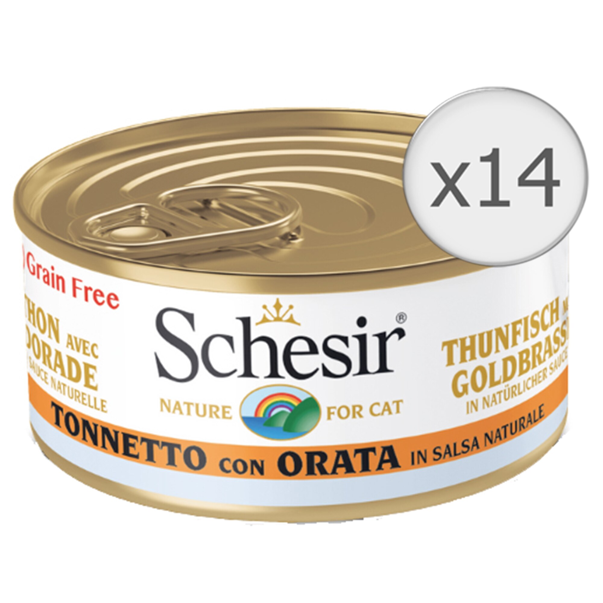 Hrana umeda pentru pisici Schesir Ton si Dorada in suc propriu, 14x70g