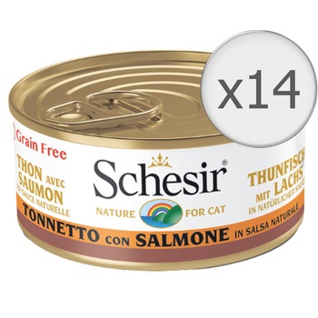 Hrana umeda pentru pisici Schesir Ton si Somon in suc propriu, 14x70g Hrana umeda pentru pisici Schesir Ton si Somon in suc propriu, 14x70g
