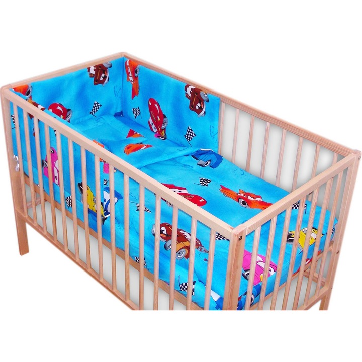 Lenjerie patut bebe cu 4 piese masinute albastru