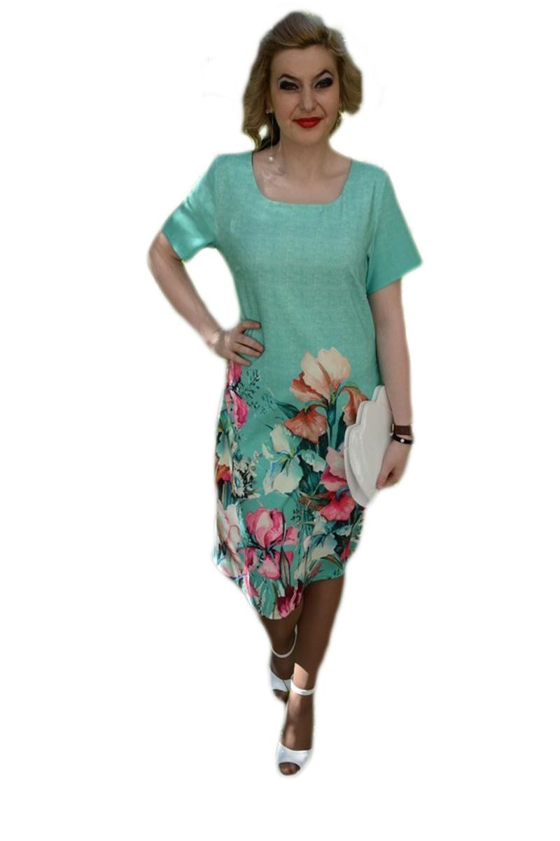 Rochie cu croi simplu si imprimeu floral, D&J Exclusive, Turcoaz