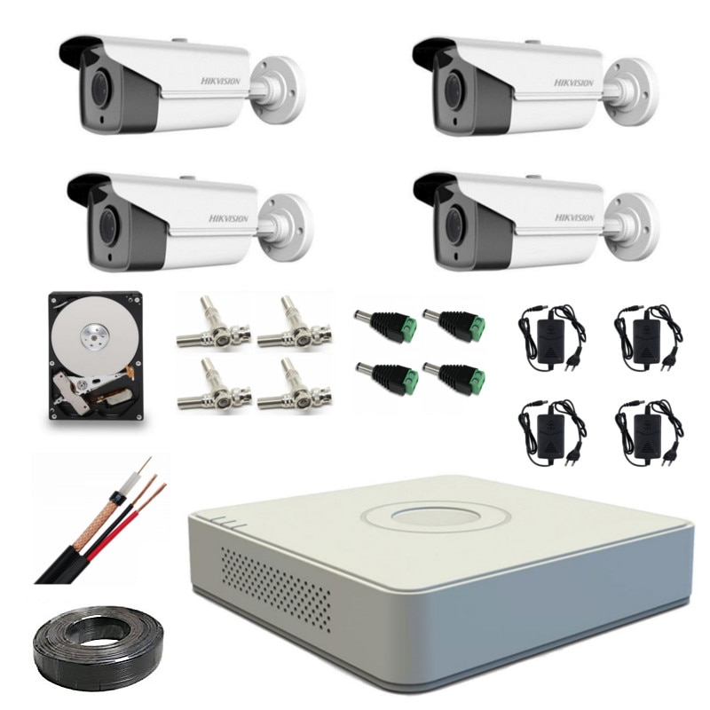 Kit supraveghere video Hikvision profesional 4 camere rezolutie 1920x1080 IR 40 M lentila 2.8 wide-angle + HDD 1 TB inclus