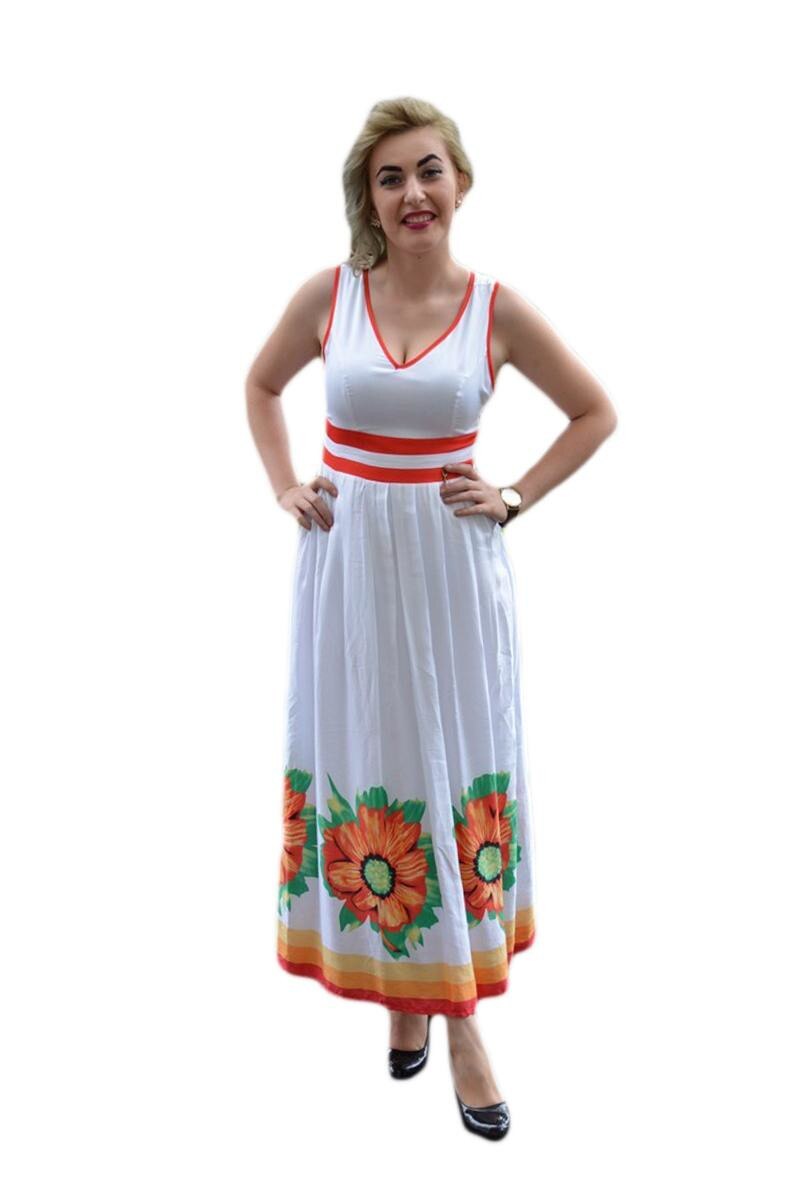 Rochie lunga de zi cu imprimeu de flori si dungi, D&J Exclusive,, Alb/Rosu