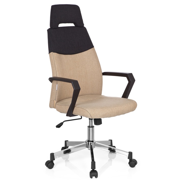 QMOBILI FOCUS HI Bézs ügyvezető szék, szövet, fekete fejtámla, rögzített karfa, króm csillagláb, TILT mechanizmus