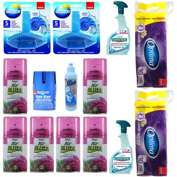 Pachet - 6 x Rezerva odorizant camera, Tea&Rose, 260ml + Sano Blue, 150g + Pons Elegant, 200ml + 2 x SanoBon odorizant WC, 55g + 2 x Sanytol dezinfectant, 500ml + 2 x Sano Optima hartie igienica, 2 straturi, 10 role/bax Pachet - 6 x Rezerva odorizant camera, Tea&Rose, 260ml + Sano Blue, 150g + Pons Elegant, 200ml + 2 x SanoBon odorizant WC, 55g + 2 x Sanytol dezinfectant, 500ml + 2 x Sano Optima hartie igienica, 2 straturi, 10 role/bax