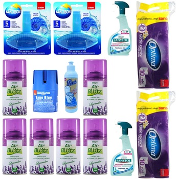 Pachet - 6 x Rezerva odorizant camera cu lavanda, 260ml + Sano Blue, 150g + Pons Elegant, 200ml + 2 x SanoBon odorizant WC, 55g + 2 x Sanytol dezinfectant, 500ml + 2 x Sano Optima hartie igienica, 2 straturi, 10 role/Bax Pachet - 6 x Rezerva odorizant camera cu lavanda, 260ml + Sano Blue, 150g + Pons Elegant, 200ml + 2 x SanoBon odorizant WC, 55g + 2 x Sanytol dezinfectant, 500ml + 2 x Sano Optima hartie igienica, 2 straturi, 10 role/Bax