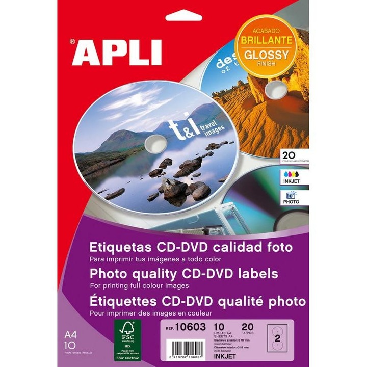 Бели етикети за дискове CD-DVD APLI, гланцирани с фото качество