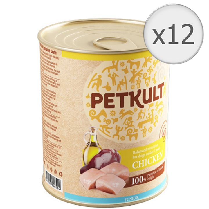 Мокра храна за кучета PetKult Junior, Пилешко, 12x800 гр