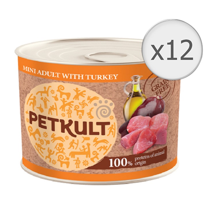 Hrana umeda pentru caini Petkult, Mini Adult, Curcan, 12x185g