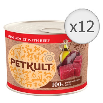 Hrana umeda pentru caini Petkult, Mini Adult, Vita, 12x185g Hrana umeda pentru caini Petkult, Mini Adult, Vita, 12x185g