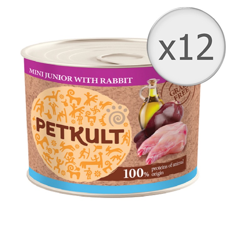 Мокра храна за кучета Petkult Mini Junior, Заешко, 12x185 гр