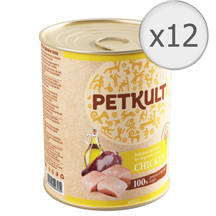 Мокра храна за кучета PetKult Adult, Пилешко, 12x800 гр