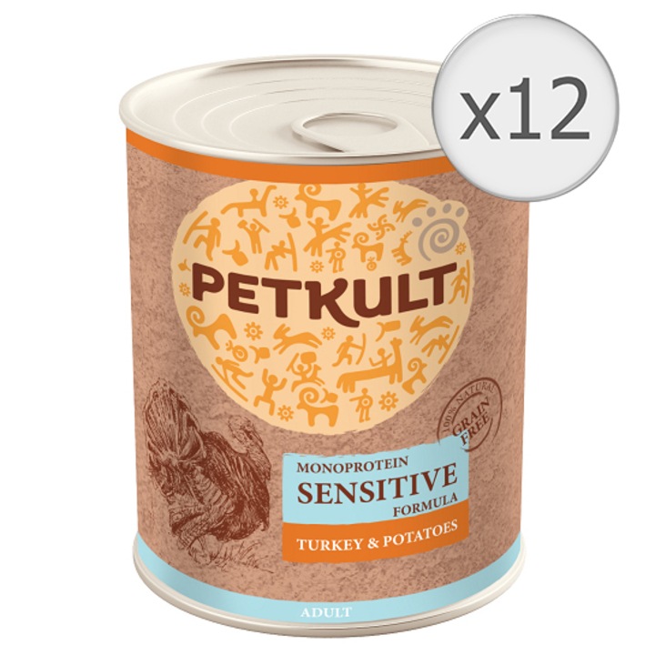 Мокра храна за кучета Petkult Sensitive, Пуешко и картофи, 12x800 гр