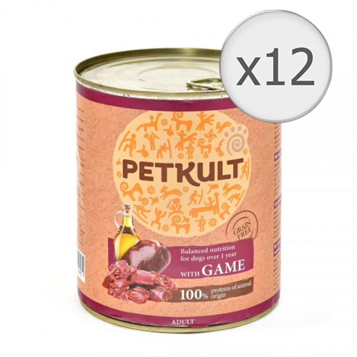 Мокра храна за кучета PetKult, Adult, Дивеч, 12x800 гр