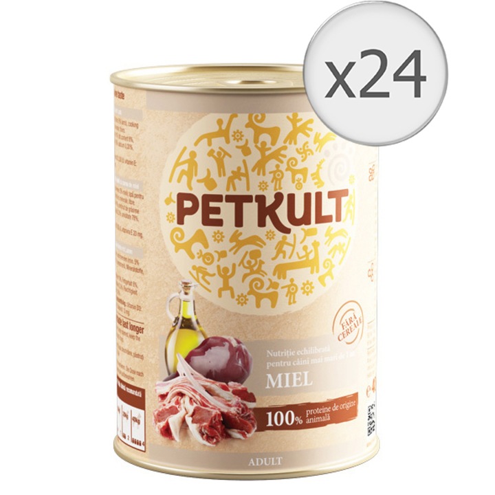Hrana umeda pentru caini Petkult, Adult, Miel, 24x400g