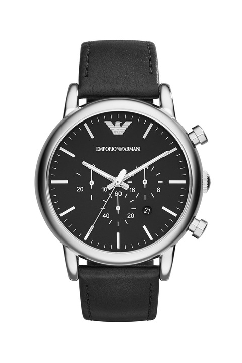 Emporio Armani, Овален часовник с хронометър и кожена каишка, Черен