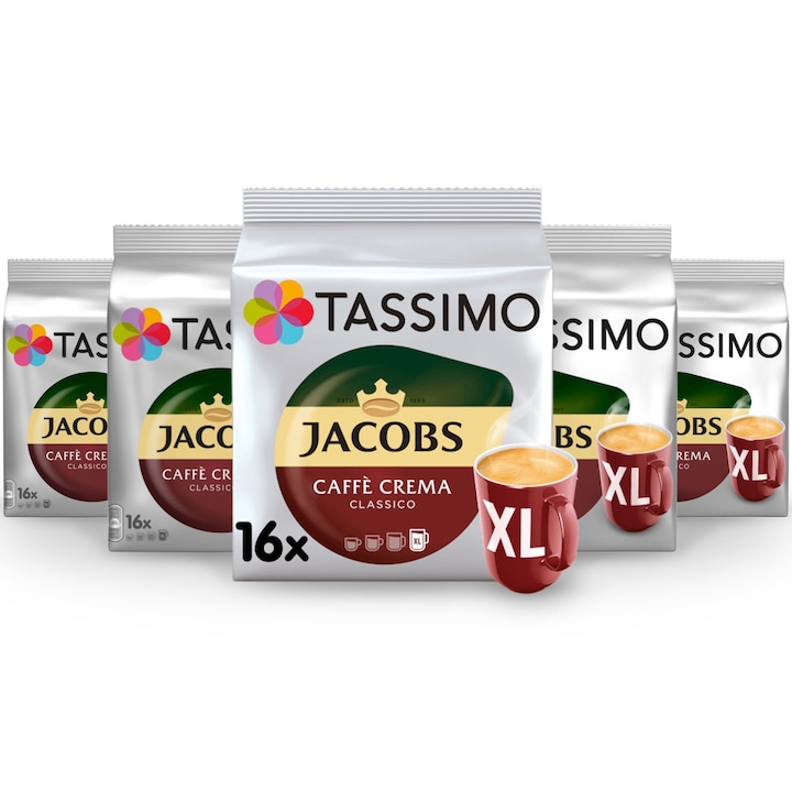 Комплект кафе капсули Tassimo, Jacobs, Café Crema XL, 5 опаковки, 80 напитки х 215 мл, 80 капсули
