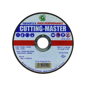 Disc de debitare pentru otel profilat si inox Graniflex Cutting Master 125X1.6x22.23 INOX 61A46T8BF 80 Disc de debitare pentru otel profilat si inox Graniflex Cutting Master 125X1.6x22.23 INOX 61A46T8BF 80